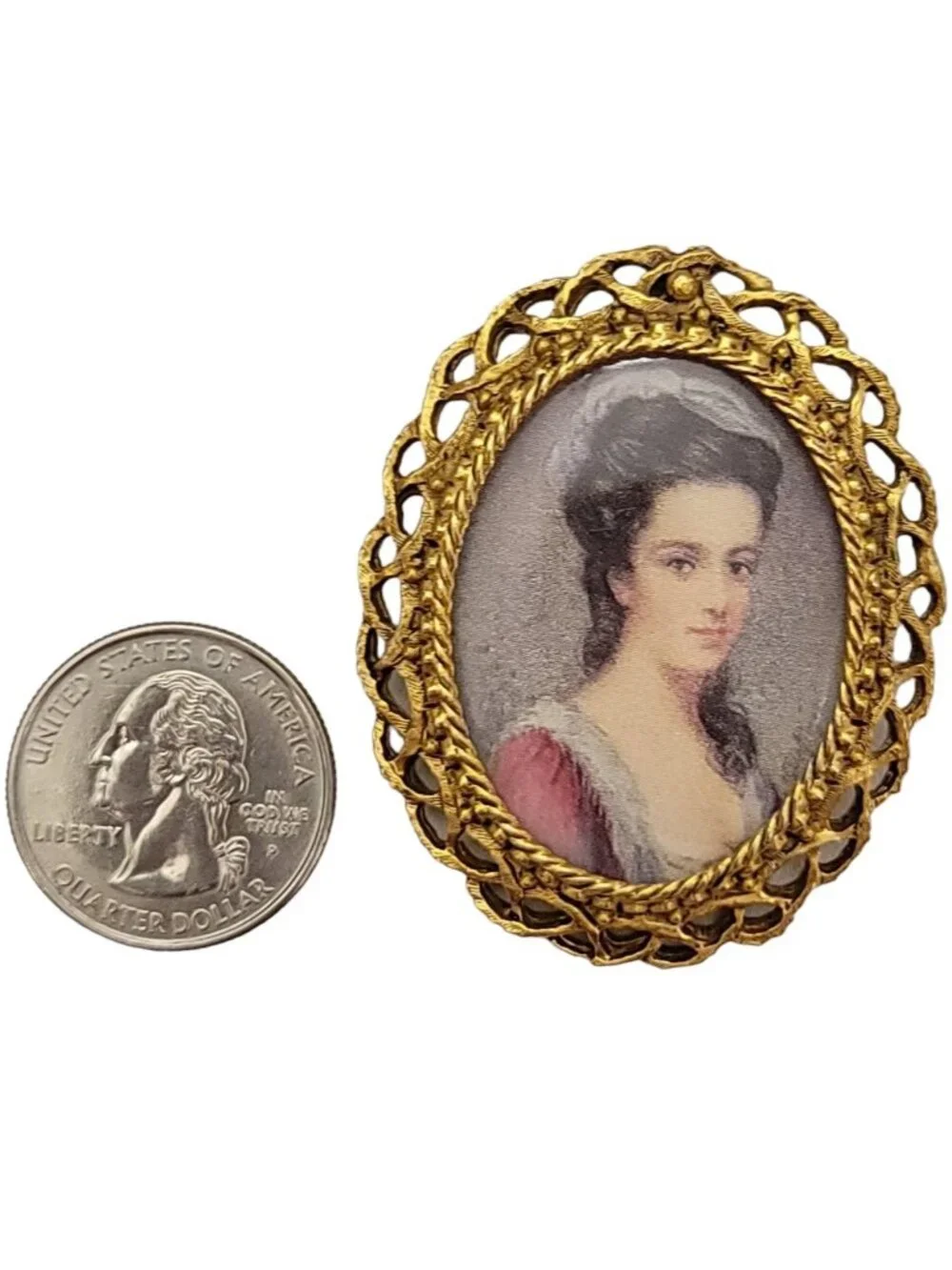 Florenza Gold Tone Cameo Print Lady's Portrait Brooch Pendant, Signed K565